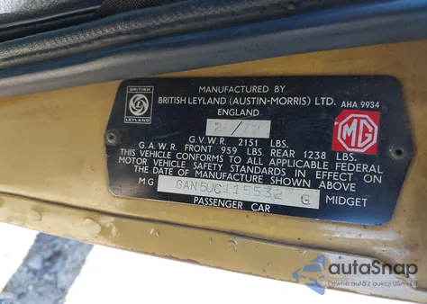 1972 Mg Midget из США, поврежденный, VIN GAN5UC115532G